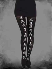 Gothic Skull and Crossbones Pattern Print Black Tights Pantyhose One Size US