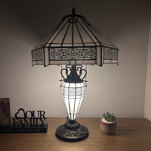 Tiffany Style Table Lamp White Hexagon Stained Glass LED Bulb Included 24"H*16"W - Picture 4 of 8