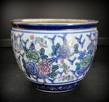 Vintage Chinese Koi Coi Pond Bowl Miniature Floral Cobalt Blue & Pink 4"x 5"