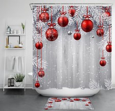 Rustic Board Snowflake Red Christmas Ball Shower Curtain Set for Bathroom Decor