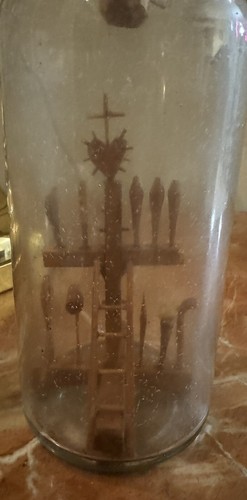 Antique Folk Art Whimsy Bottle Hand Carved Wooden Tools, Crucifix, Rare Stopper - Picture 18 of 24