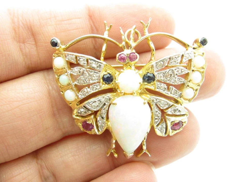 14k Yellow Gold & Diamonds White Opal Red Ruby Vintage Butterfly Brooch/Necklace