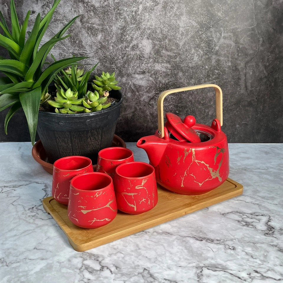 Juego de té de kung fu Morden dorado patrón aleatorio con bandeja de bambú, juego de 6 piezas Foto 3 de 4