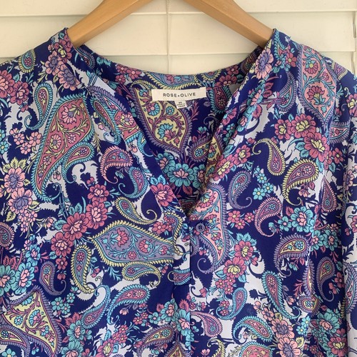 Rose + Olivblau Paisley/Blumen Langarm V-Ausschnitt Bluse Rollärmel - Größe 2X - Bild 2 von 11