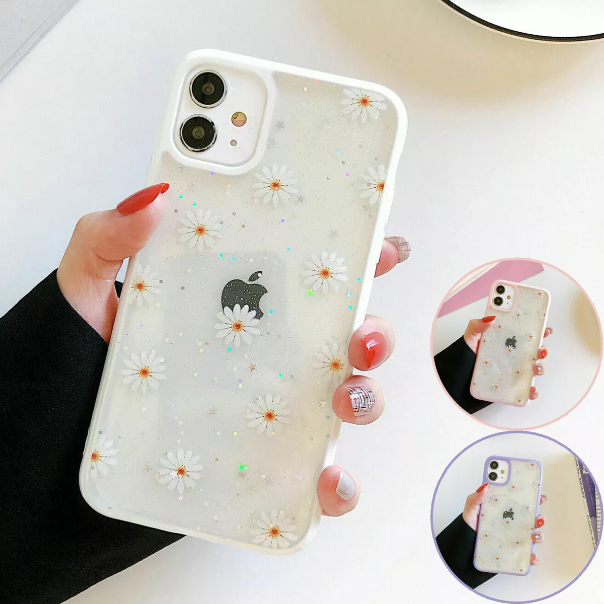Glitter Daisy Flower Case For iPhone 11 12 XR 7 8 SE Silicone Clear Soft Cover