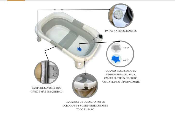 Bañera Bebé Plegable Portatil con Termómetro Integrado, Diseño Ergonómico, Cojí