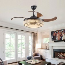 42" Retractable Crystal LED Ceiling Fan Light Kit 3CCT Hanging Lamp with Remote
