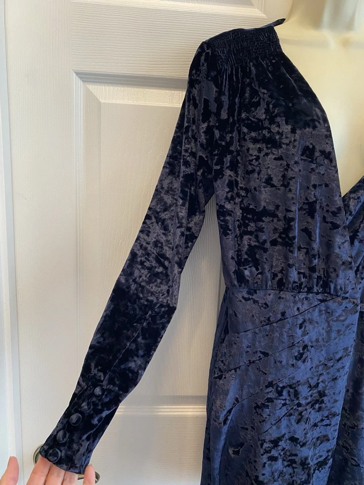 Vestido envolvente de terciopelo GREYLIN azul aplastado manga larga lazo cintura fiesta vacaciones talla M Foto 4 de 4