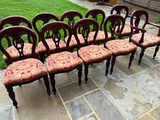 Set of 10 Dark Wood Polished Dining Chairs, 2 Carver, Red Pattern Seats