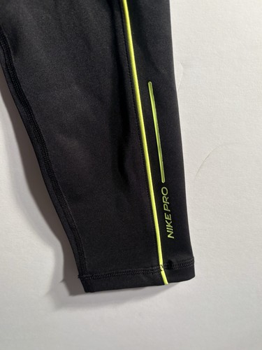 Nike Pro Girls Dri-Fit Leggings Tight Fit Mid Rise Size Large Black Neon Green - Picture 3 of 6
