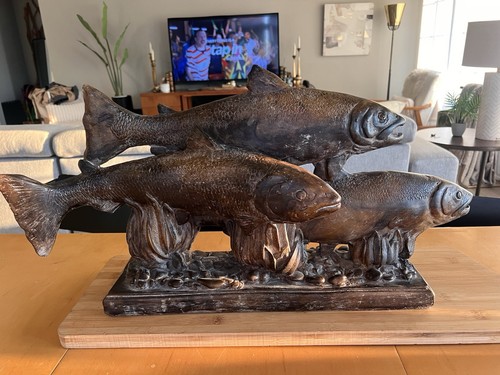 Vintage Attila Tivadar Trout Fish Sculpture MCM Cast Stone Faux Bronze AN-12
