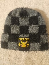 Fuzzy Pikachu Grey Black Checkered Beanie - Pok mon One Size