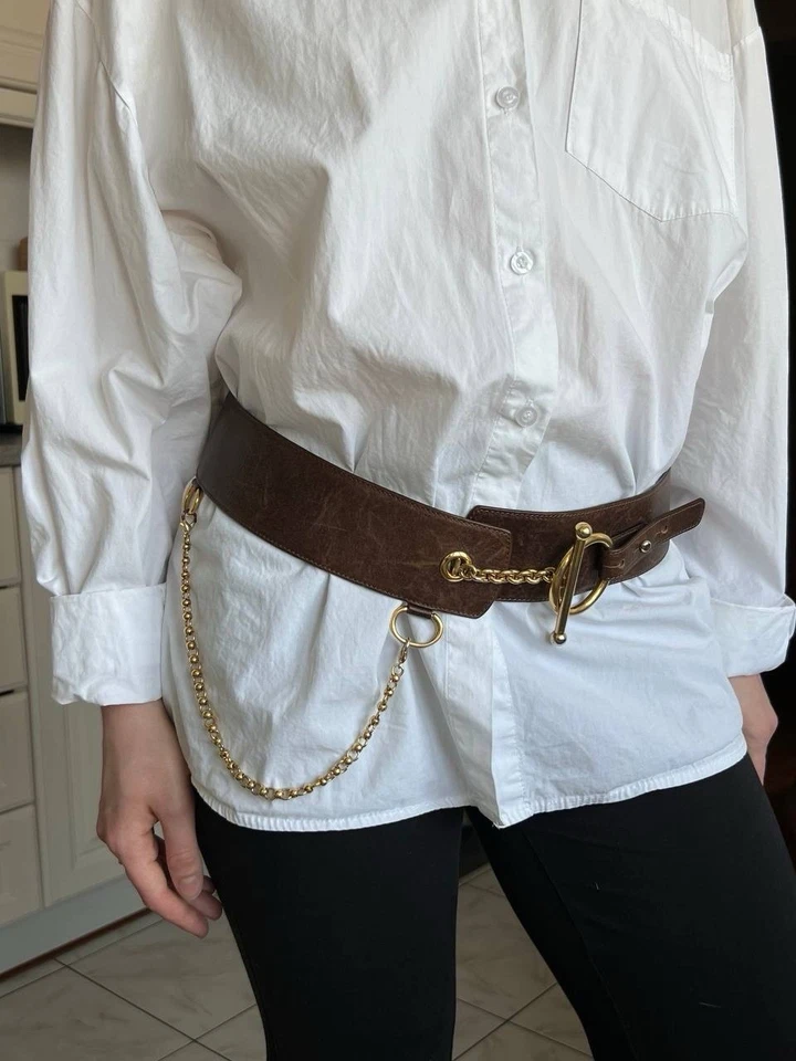 MARNI Belt Womens Large Leather Brown Gold Meal Details Ring Buckle Chain Italy - Image 2 of 4