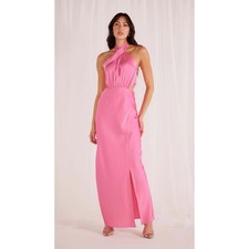 NEW $179 Sz Large Sexy Tie back MinkPink FINLAY SATIN HALTER GOWN PINK maxi long