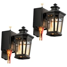  Porch Lights with Outlet Dusk to Dawn Outdoor Lighting with GFCI Black 2-Pack