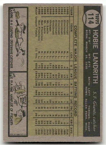 1961 Topps #114 Hobie Landrith - Picture 2 of 2