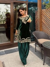 Ethnic Look Viscose Velvet Green Top Bottom And Dupatta For Women  Girls Wear