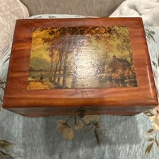 Vintage Wooden Jewelry Trinket Keepsake Box Country River Scene 7 x5 x3.5 Nice