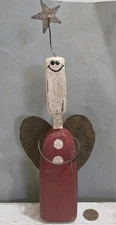 Handmade Wood Christmas Angel, Tin Heart Wings, Star Halo, Cute Face, Holiday 7"
