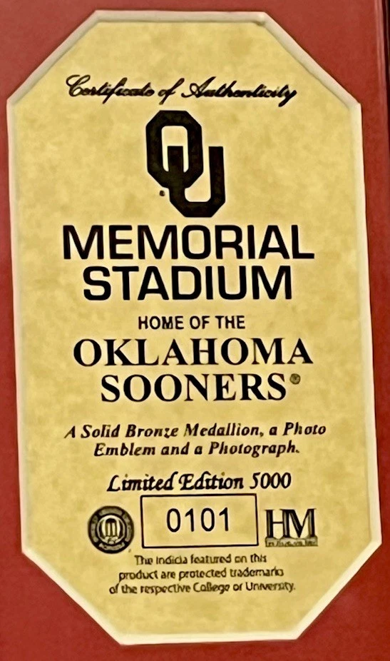 Oklahoma Sooners Memorial Stadium Limited Ed. 0101 / 5000 Pic & bronze medallion - Image 4 of 4