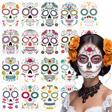 18 Pack Day of the Dead Face Tattoos, Sugar Skull Catrina Makeup Kit, Halloween