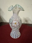 Fenton Meadow Beauty Vase Opalescent Feather Swirl Mist Green Ruffled Rim Signed
