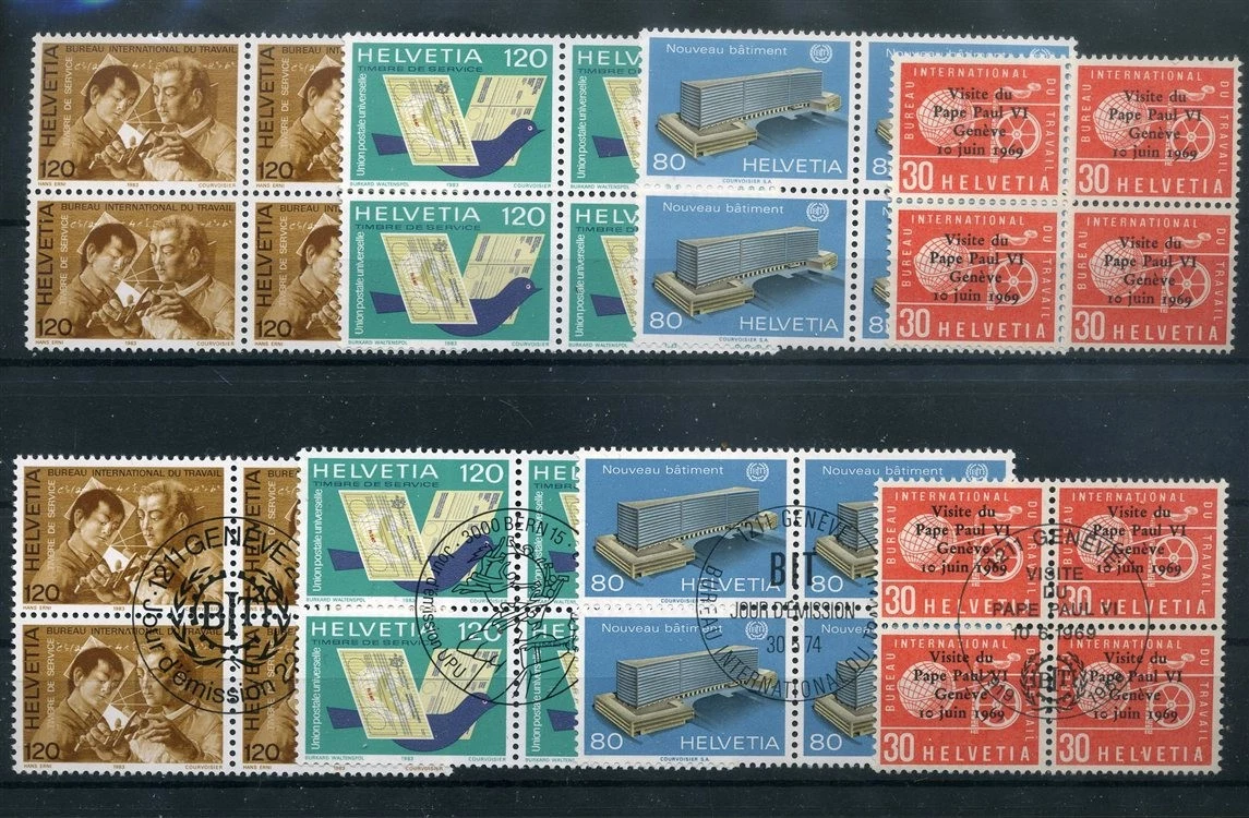 145409) Schweiz 4 Viererblocks ** + gestempelt, int. Ämter