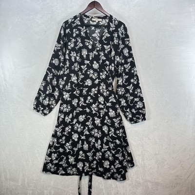 LOFT Dress Womens 26 Black Floral Wrap V Neck Long Sleeve Work Plus Size