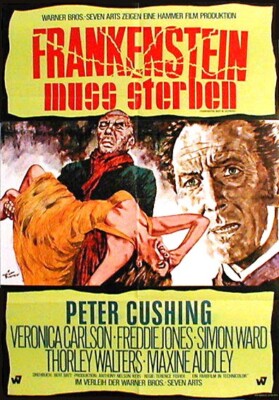 Peter Cushing in FRANKENSTEIN MUSS STERBEN ein EA Plakat von 1969 gerollt