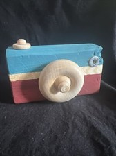 Hand Made hand painted Wood Camera decor display natural maroon art shortiez ink