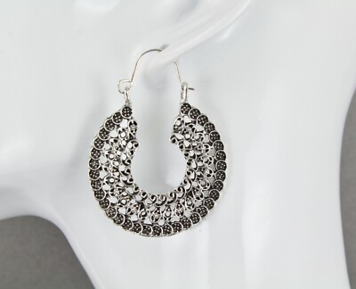 Silver earrings hoops filigree medallion disc door knocker hoop hinged 1.5'' wide