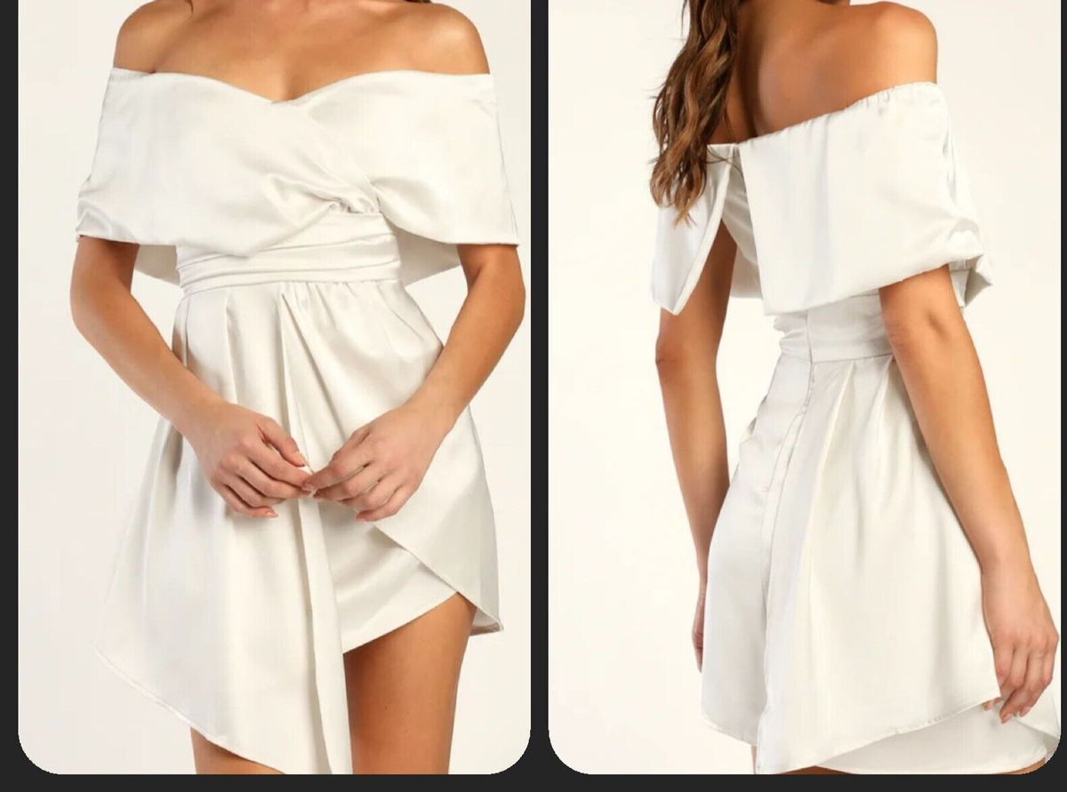 always celebrating ivory satin off-the-shoulder mini dress Always Celebrating Ivory Satin Off-the-Shoulder Mini Dress Size XL NWT