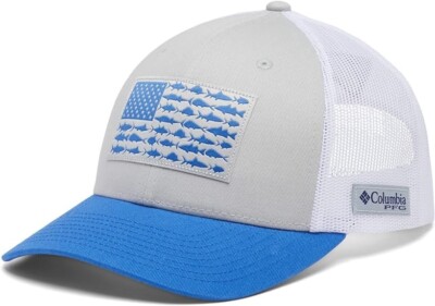 Columbia PFG high crown FISH FLAG mesh  Snapback hat  in Cool Grey and White