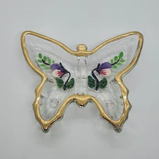 VTG 1960's Jeanette Butterfly Clear Glass Gold Rim Jewelry Trinket Dish 4.25X3.5