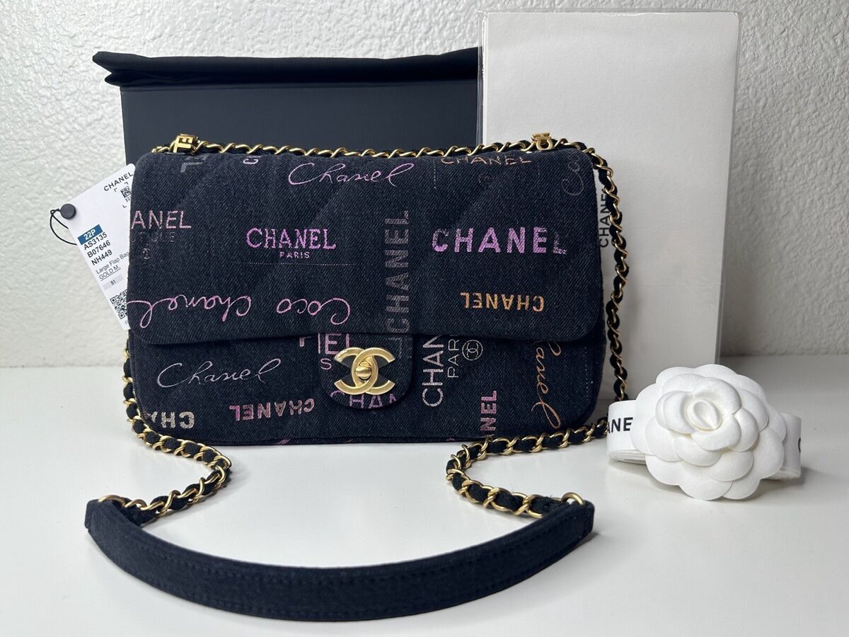 NWT 22P Chanel Classic Black Printed Denim Large Flap Bag NWT 22P Chanel Classic Black Printed Denim Large Flap Bag