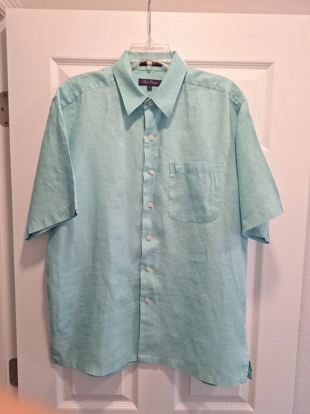 Mens Size M Shirt 100% Linen Alan Flusser Button Up Green Lightweight Pocket