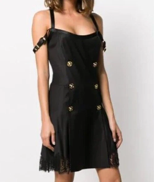 Abito da cocktail Versace Medusa logo bottoni nero pizzo spalline LBD US 0 IT 36