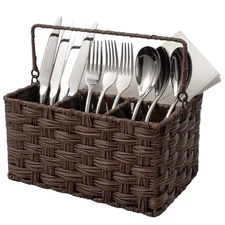 Wicker Utensil Holder Organizer with Handle, Flatware Caddy for Kitchen, Silv...
