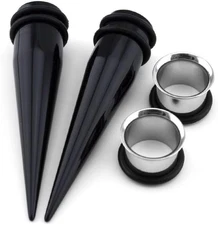 9Mm Ear Stretching Kit - 2 Black Acrylic Tapers & 2 Steel Tunnels (4 Pieces)