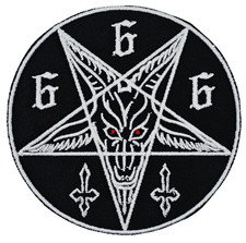 PENTAGRAM 666 WHITE GOAT  SIGIL, RED EYES circle border EMBROIDERED PATCH