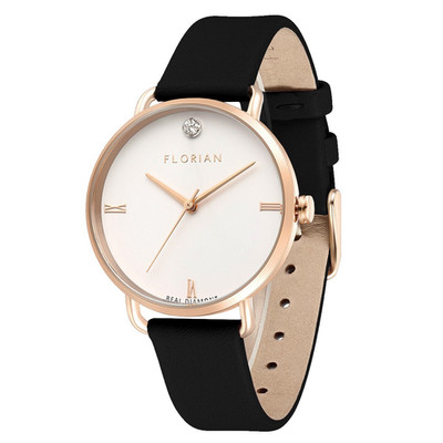 Ladies Diamond Rose Gold Analogue Watch Midnight Black Leather Strap 36mm