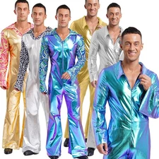 Men Hippie Rompers Retro Disco Flare Bell Bottom Pants Jumpsuit Clubwear Costume