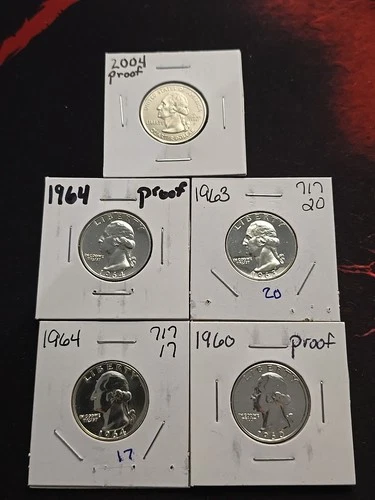 5 SILVER (4) PROOF WASHINGTON QUARTERS 90% SILVER UNC.. IN FLIPS
