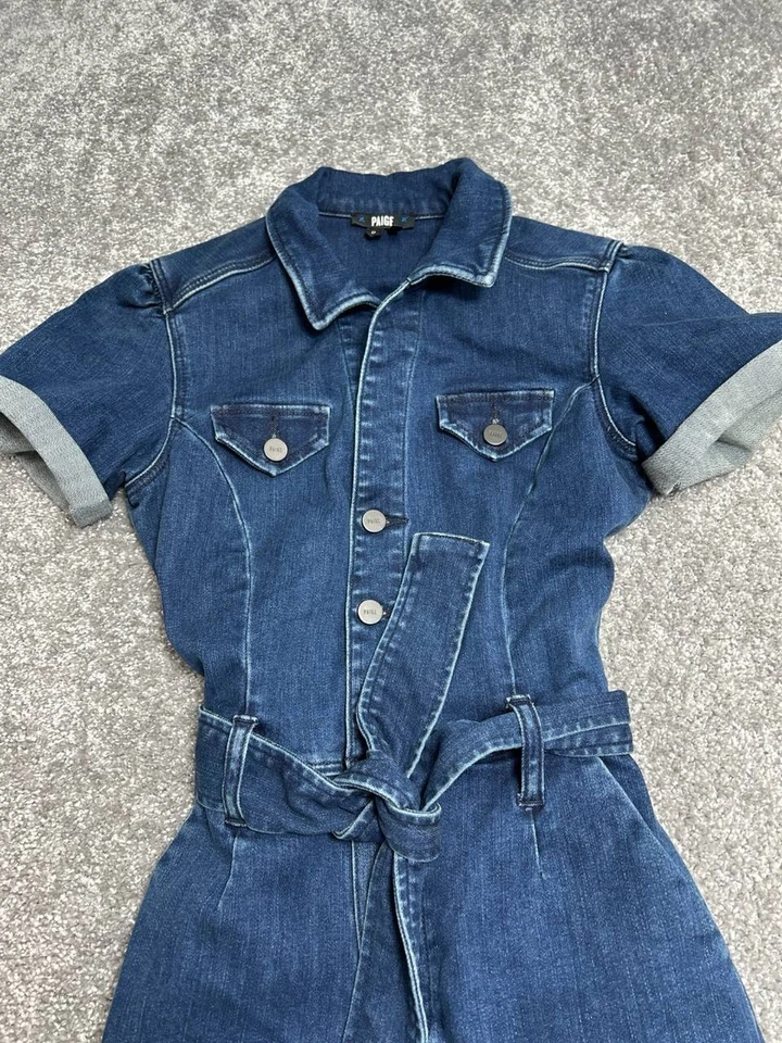 Paige Anessa Jumpsuit Womens 0 Blue Denim Cotton Stretch Belted Short Sleeve - Image 3 of 4