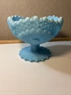 Fenton Blue Satin Milk Glass  6” Bowl Daisy Diamond Shaped Pattern Foot Stem Vtg
