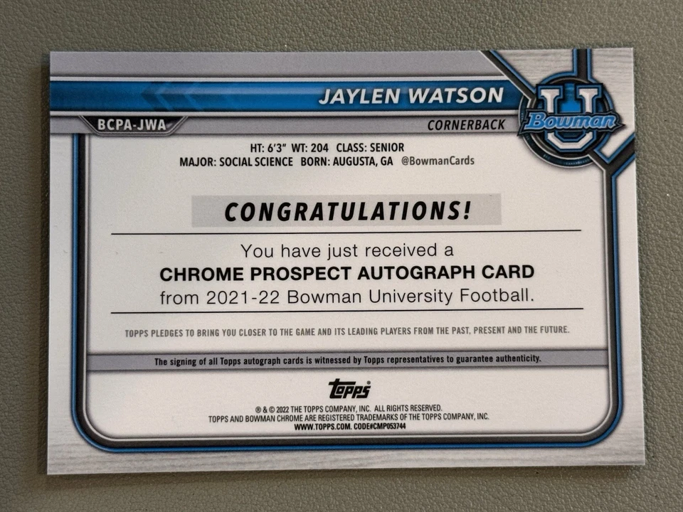 2022 Topps Bowman Chrome JAylen Watson BCPA-JWA - Image 2 of 2