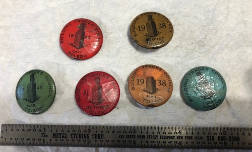 Vintage Toledo Ohio Building Trades Council Pinback Button Lot Buttons 1930s 40s - Bild 1 von 12