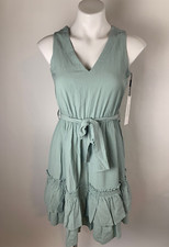 NEW Calvin Klein Gauzy Mint Green Tie Waist Tiered Hem V Neck Dress 2 134$