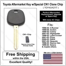 Toyota Aftermarket Key Blank w/CN1 Transponder Cloning Chip - Clones 4C Chips
