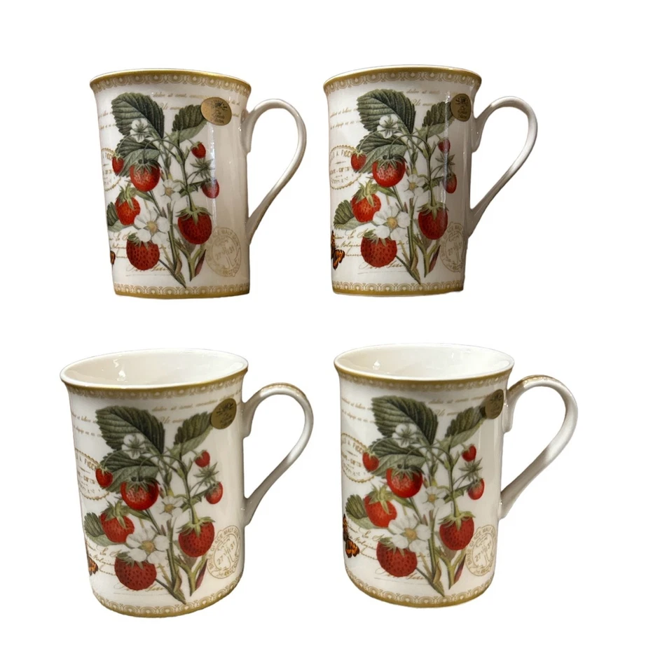 Strawberries Mugs Set of 4 Fine China Coffee Cups 300ml Capacity